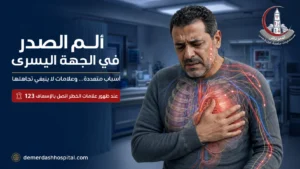شخص يعاني من ألم الصدر في الجهة اليسرى مع توضيح القلب والرئتين وامتداد الألم