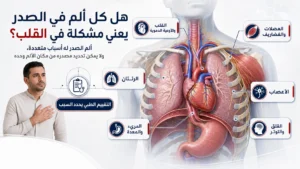 شخص يشعر بألم في الصدر مع توضيح القلب والرئتين والمريء وعضلات الصدر